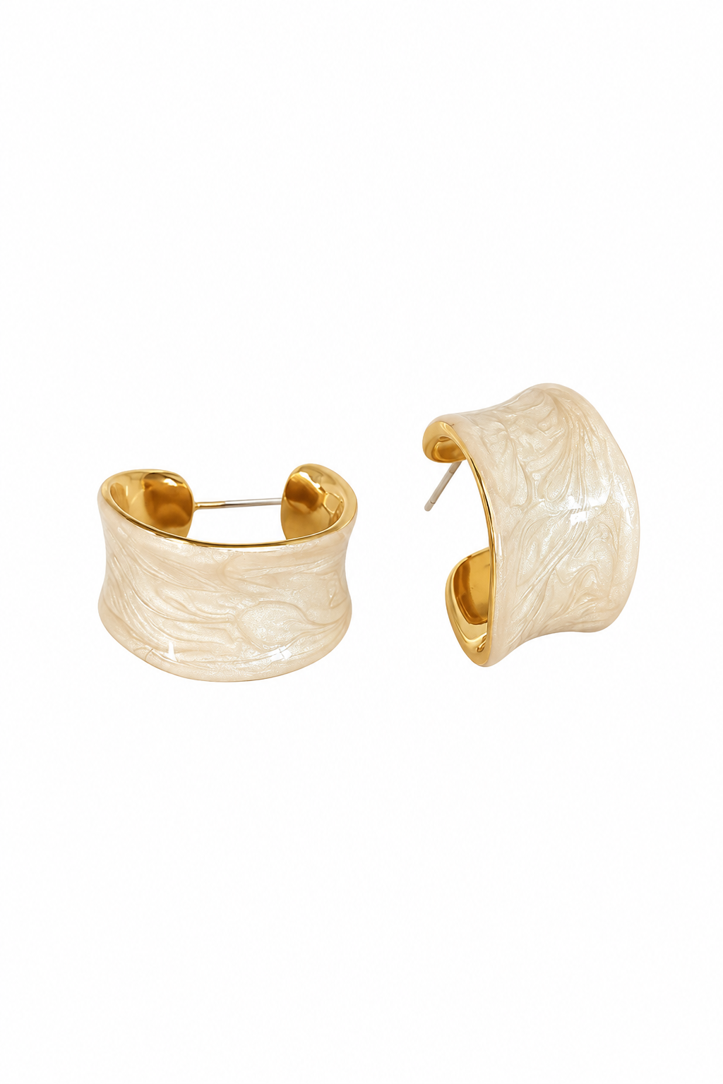 Cream White Marbled Wide C Hoop Earrings