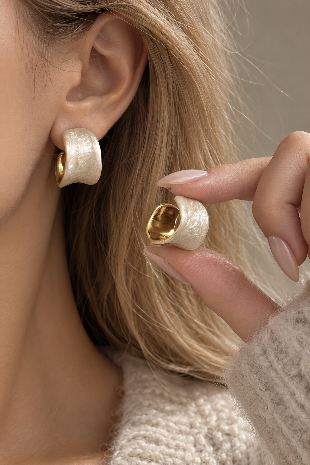Cream White Marbled Wide C Hoop Earrings