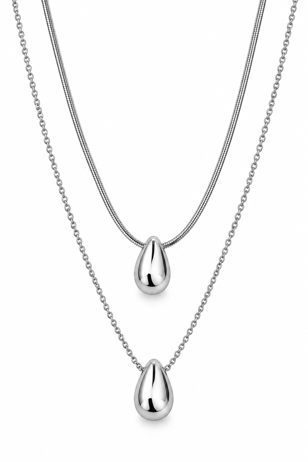Double Layer Teardrop Pendant Silver Necklace