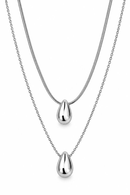 Double Layer Teardrop Pendant Silver Necklace
