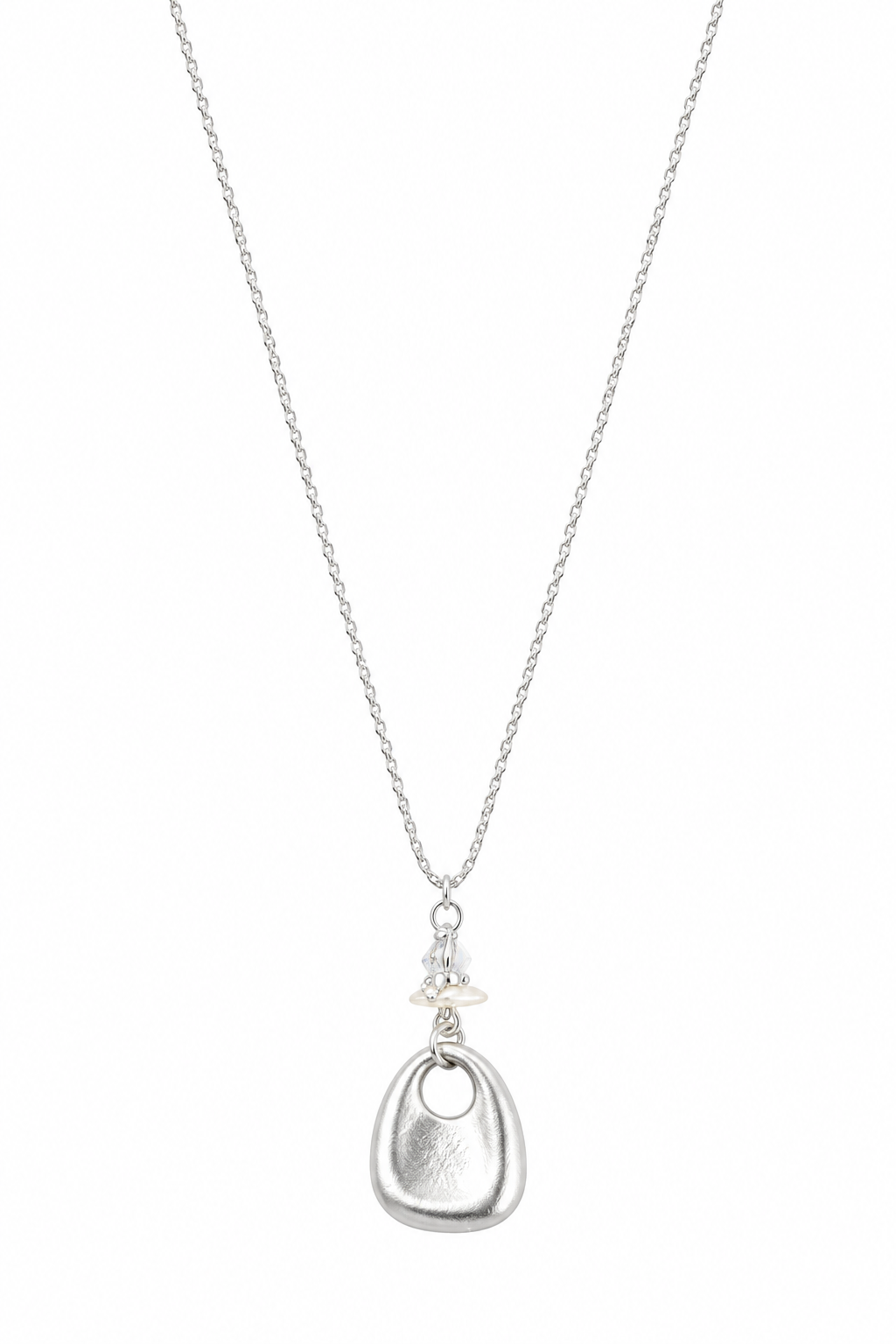 Textured Teardrop Silver Necklace with Pearl & Crystal Accent