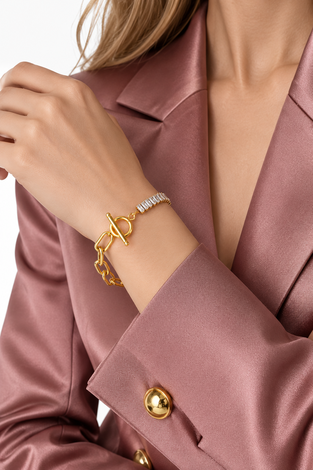 Paperclip Chain Zircon Golden Titanium Steel Bracelet