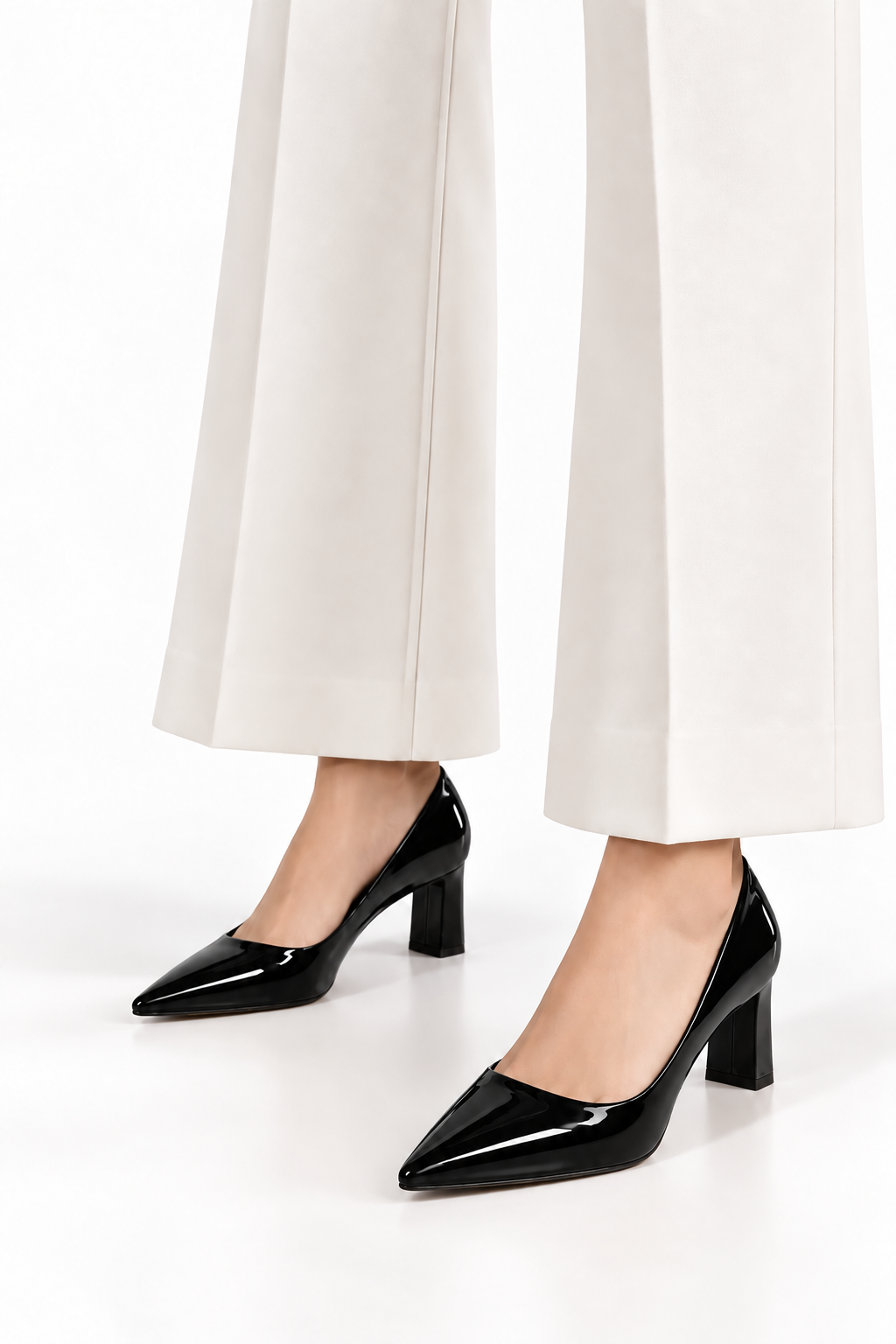 Pointed Toe Patent Leather Block Heel Pumps Women