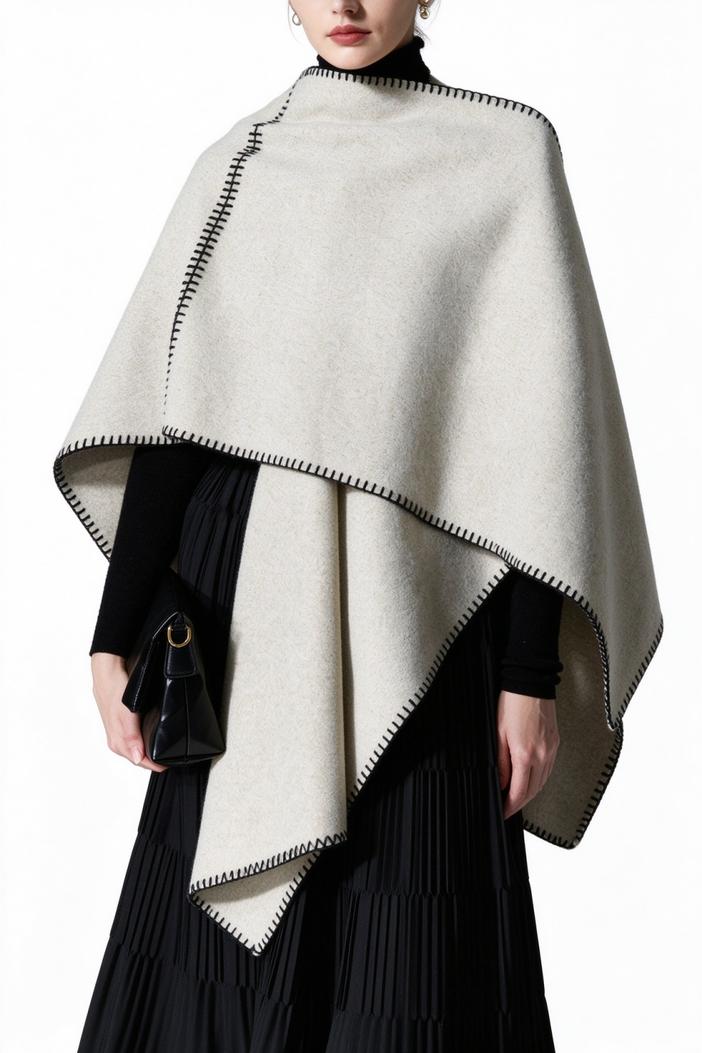 Beige Polyester Stitch Trim Open Front Cape Shawl