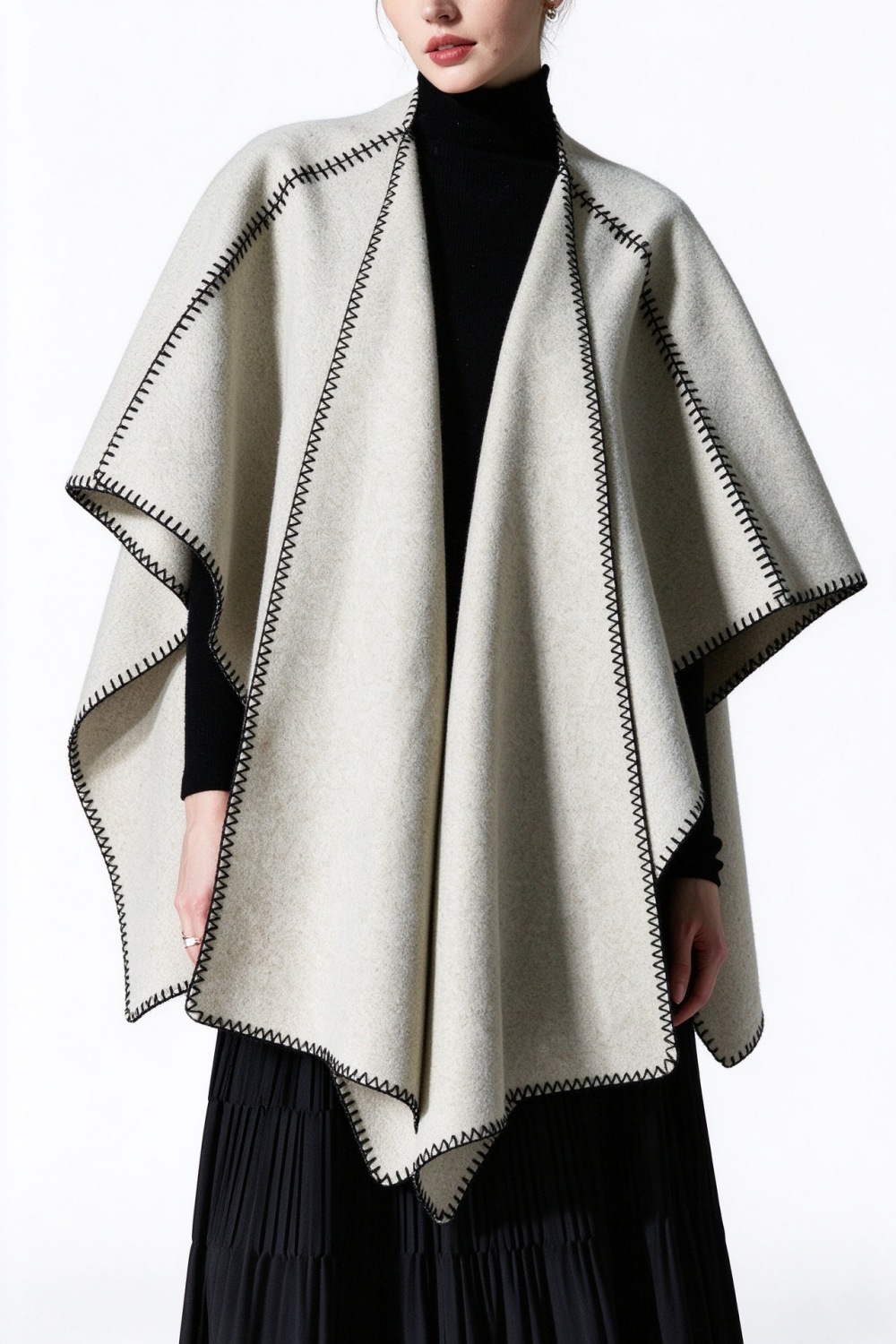 Beige Polyester Stitch Trim Open Front Cape Shawl