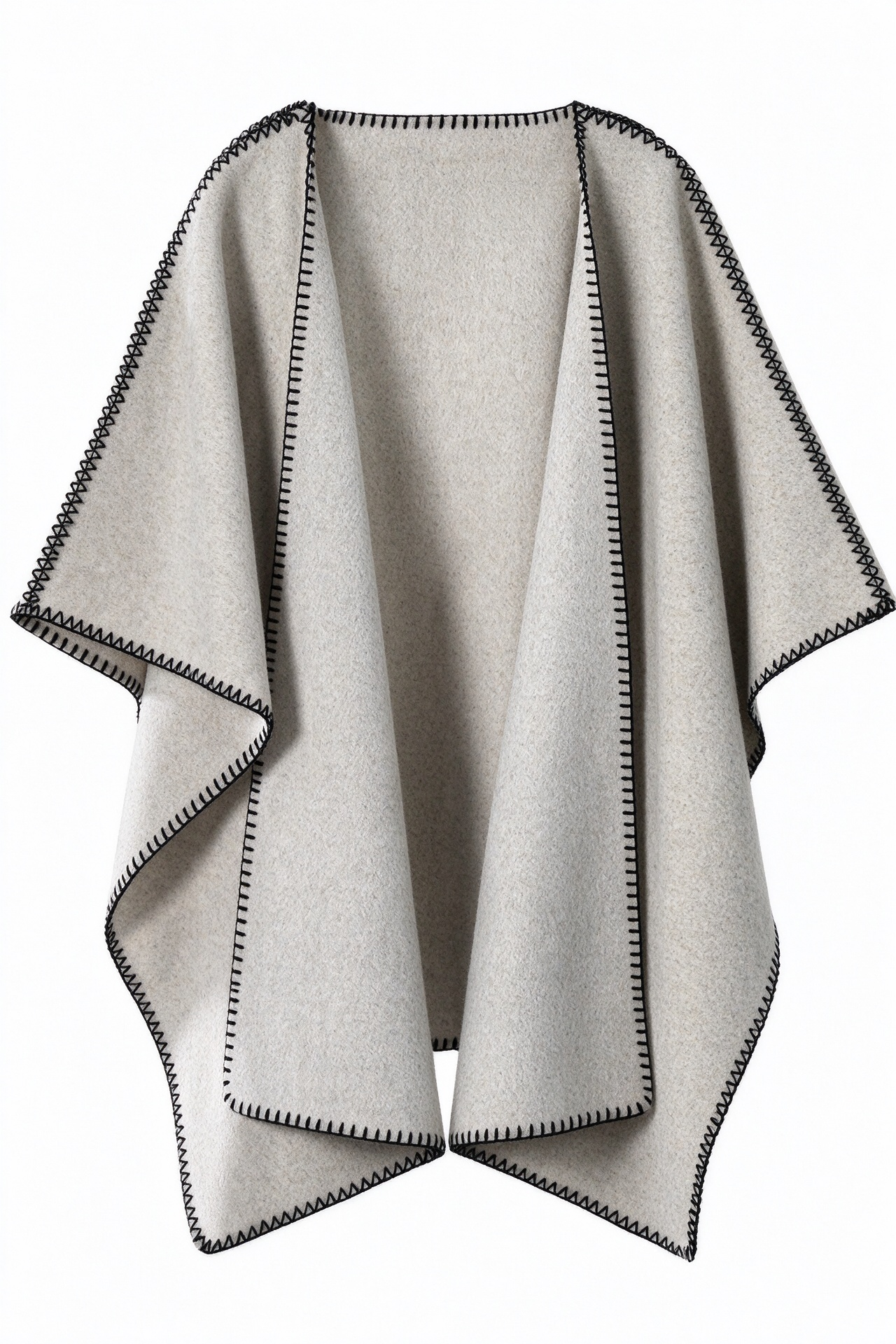Beige Polyester Stitch Trim Open Front Cape Shawl