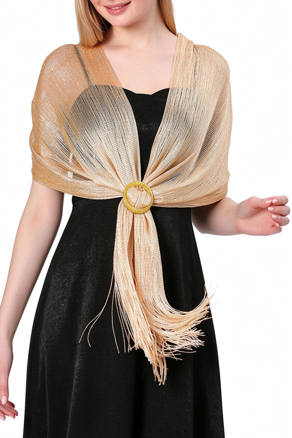 Glitter Metallic Tassel Shawl with Ring Buckle