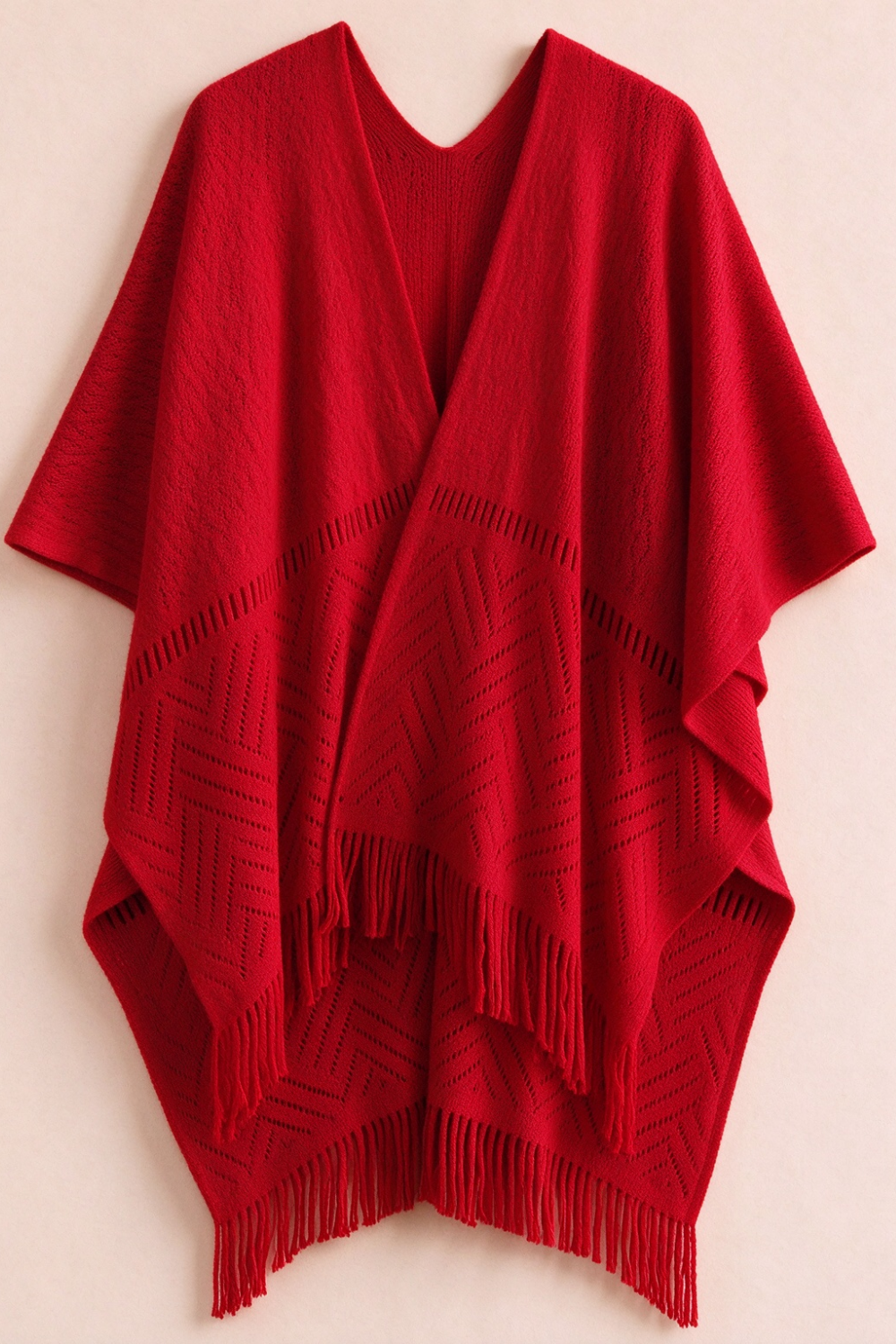 Geometric Hollow Knit Tassel Poncho Shawl Open Front Fringe Wrap