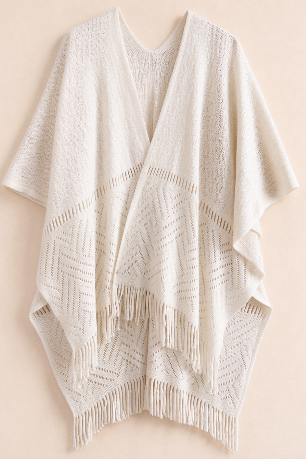 Geometric Hollow Knit Tassel Poncho Shawl Open Front Fringe Wrap