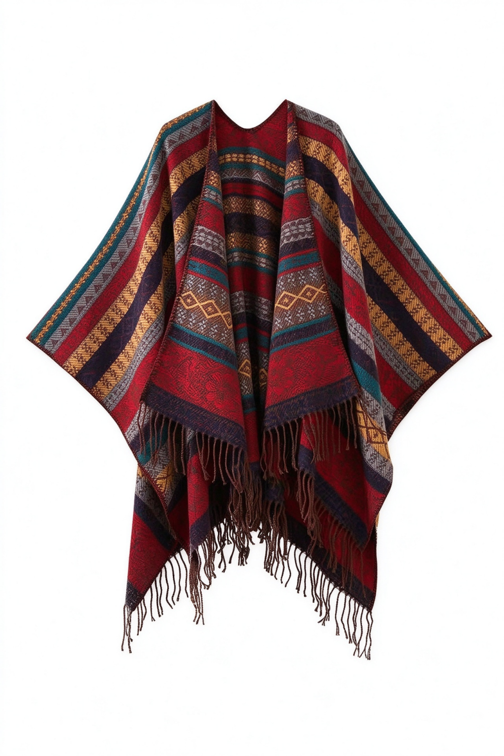 Red Geometric Stripe Tassel Shawl