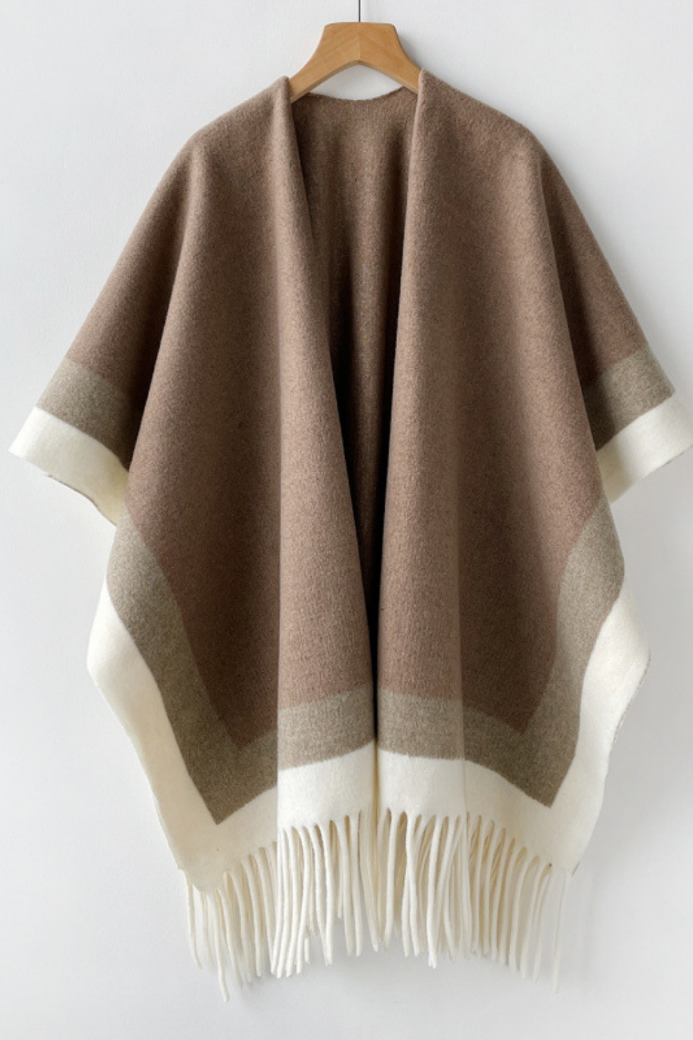 White Brown Color Block Tassel Shawl