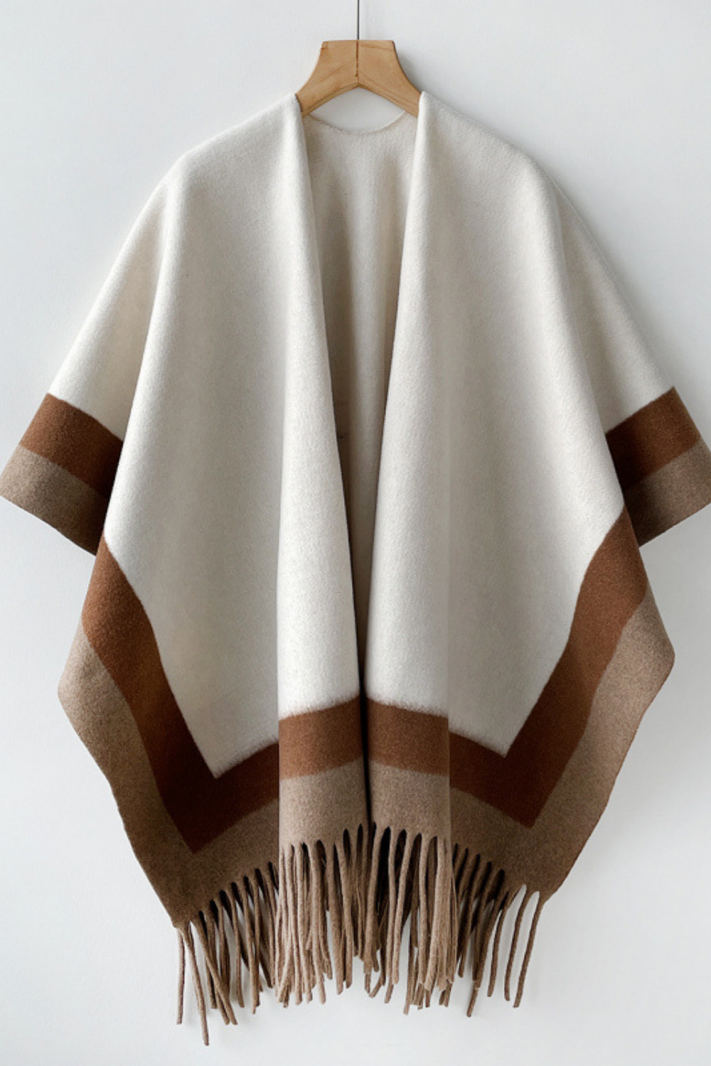 White Brown Color Block Tassel Shawl