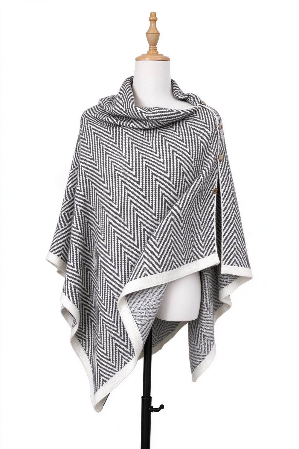 Black White Chevron Button Cowl Neck Shawl