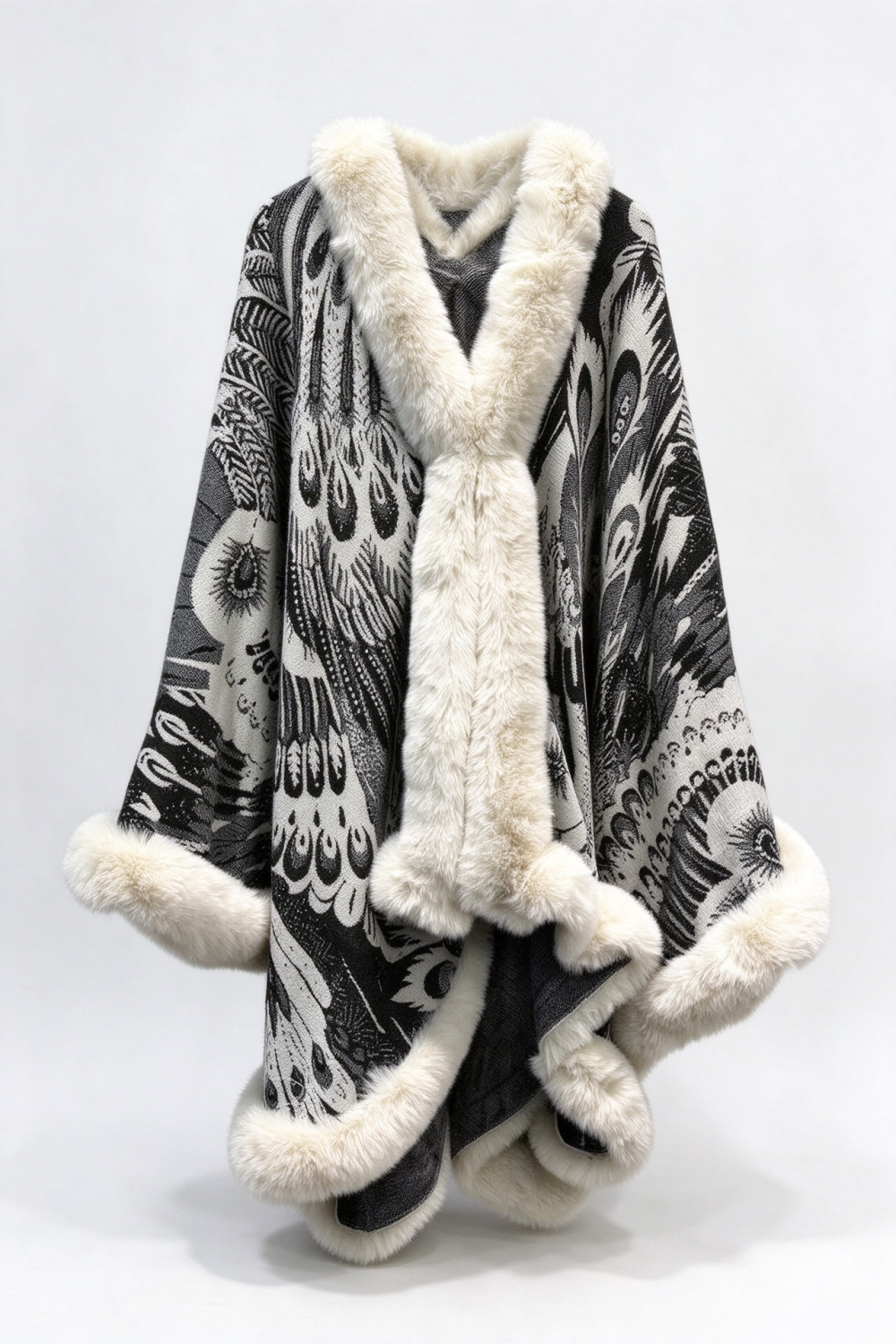 Peacock Pattern Faux Fur Trim Shawl Cape