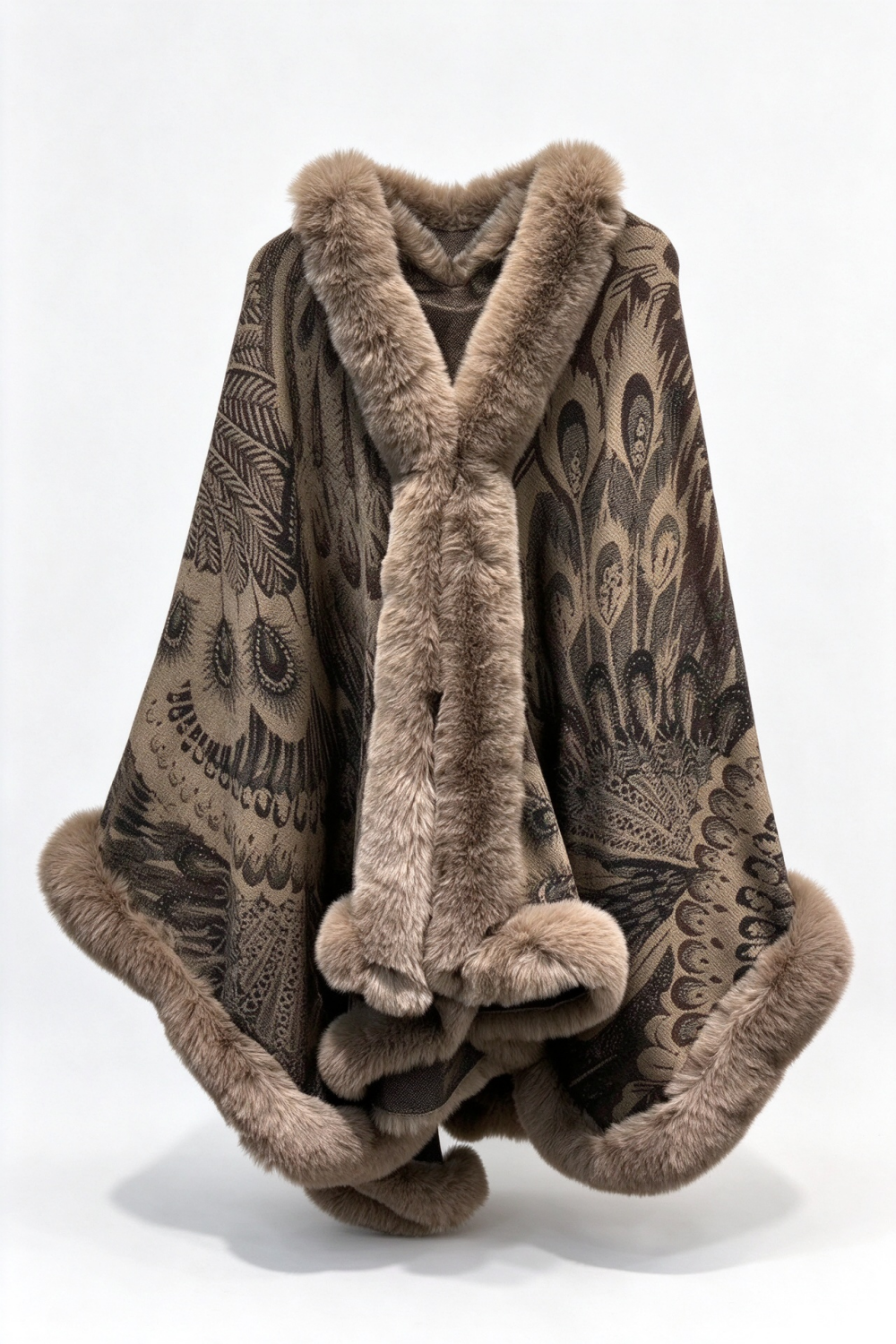 Peacock Pattern Faux Fur Trim Shawl Cape