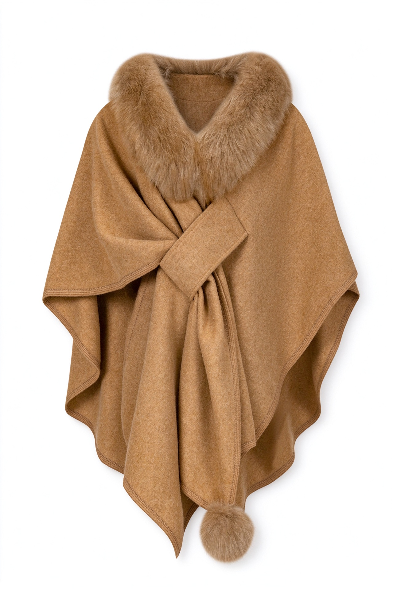 Camel Faux Fur Collar Shawl