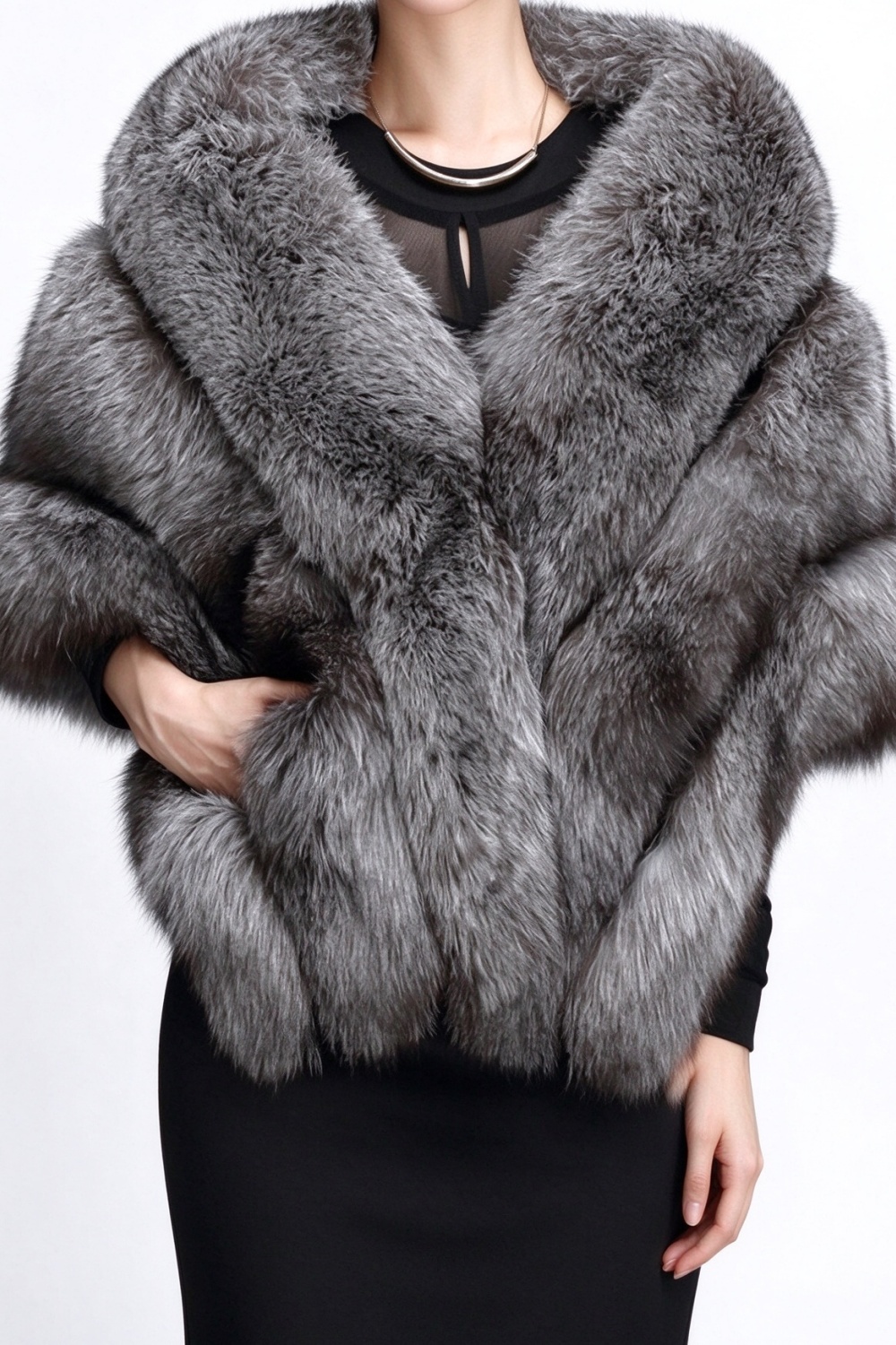Grey Polyester Faux Fur Wrap Shawl