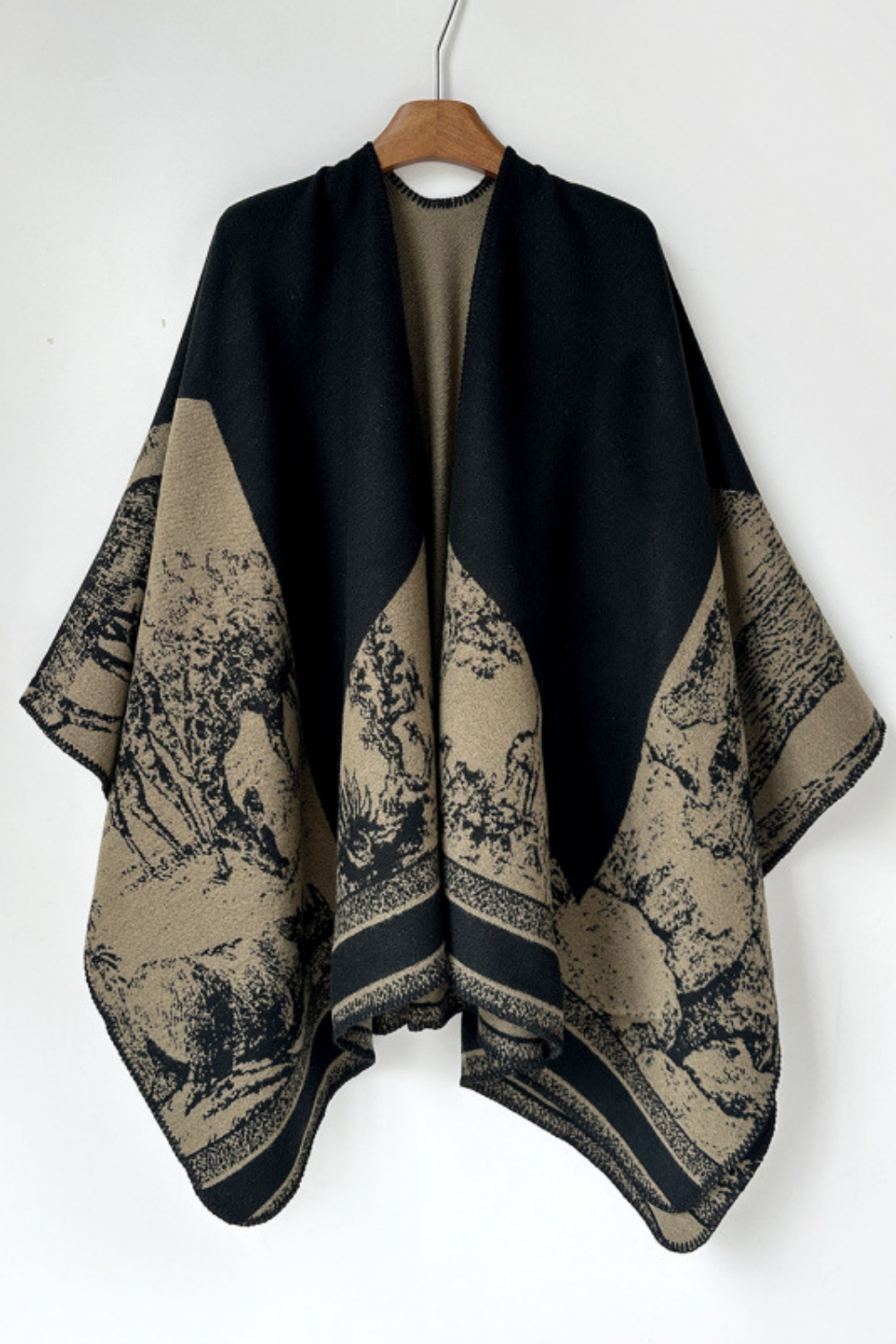 Light Brown Faux Fur Landscape Print Open Front Shawl
