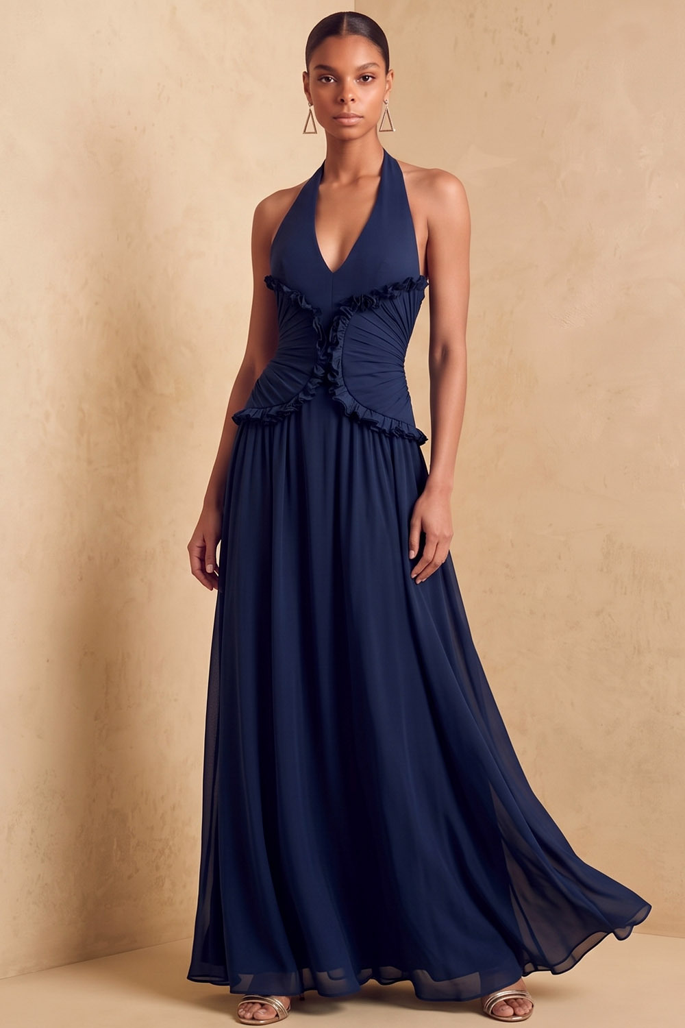 Halter V‑Neck Ruffled Chiffon Flowy Maxi Wedding Guest Dress | Chiclody