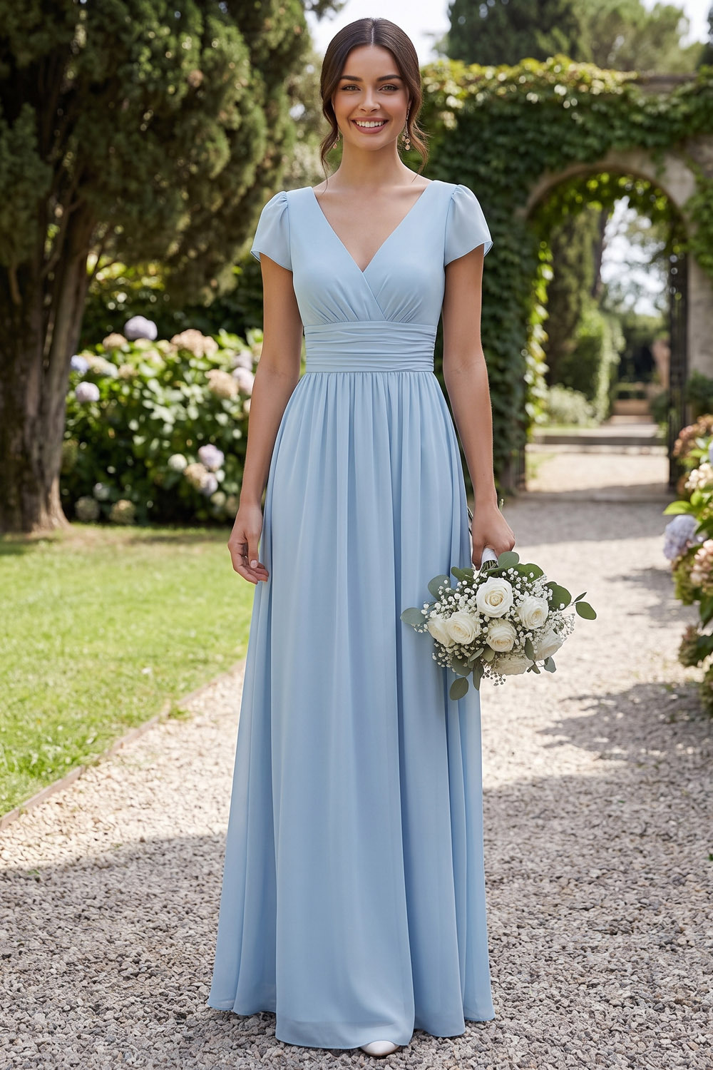 Light Blue V‑Neck Short Sleeve Ruched Waist Chiffon A‑Line Maxi Wedding Guest Dress-chiclody