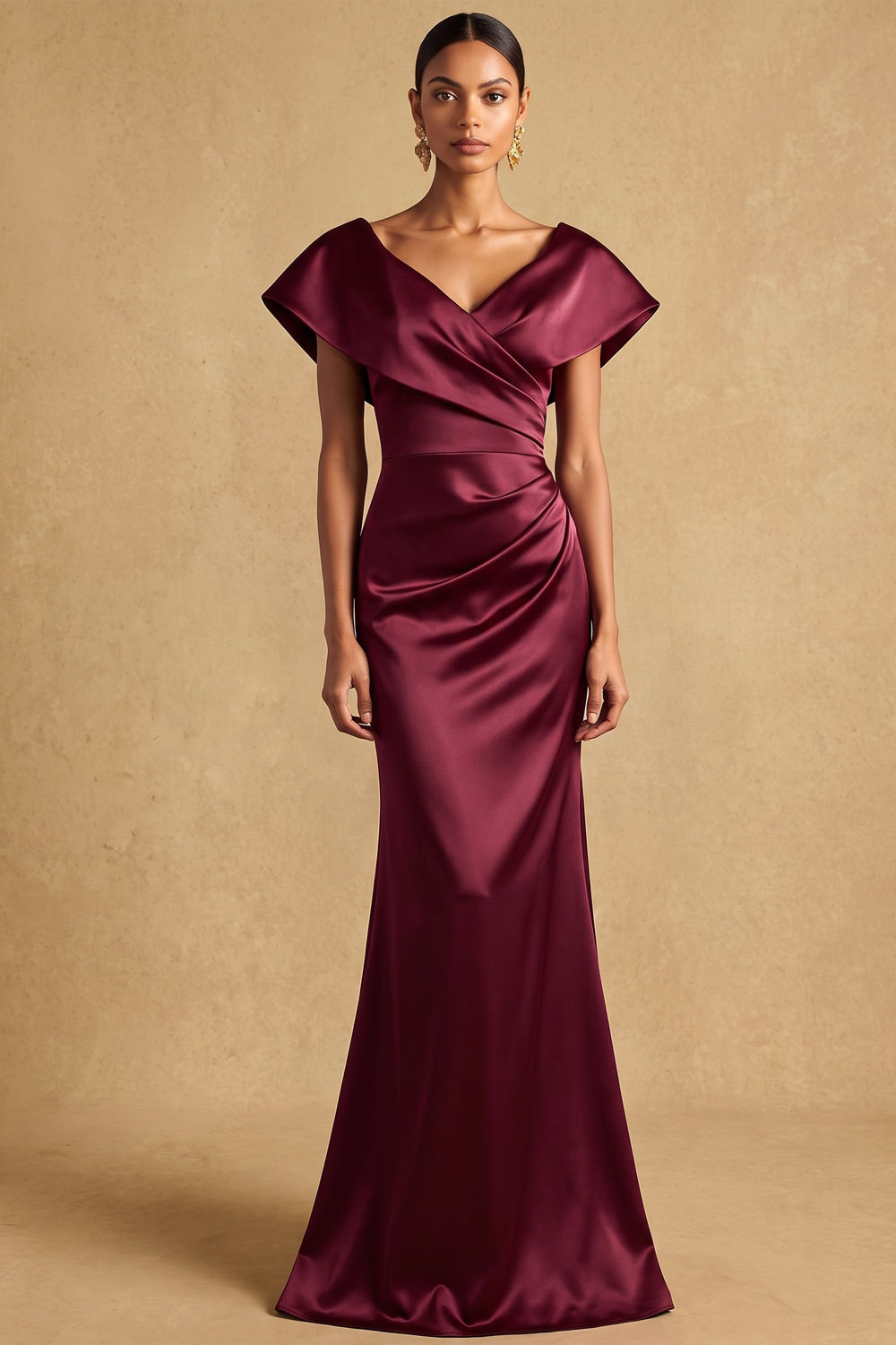 Burgundy V Neck Flutter Sleeve Mermaid Stretch Satin Maxi Formal Evening Dress | Chiclody