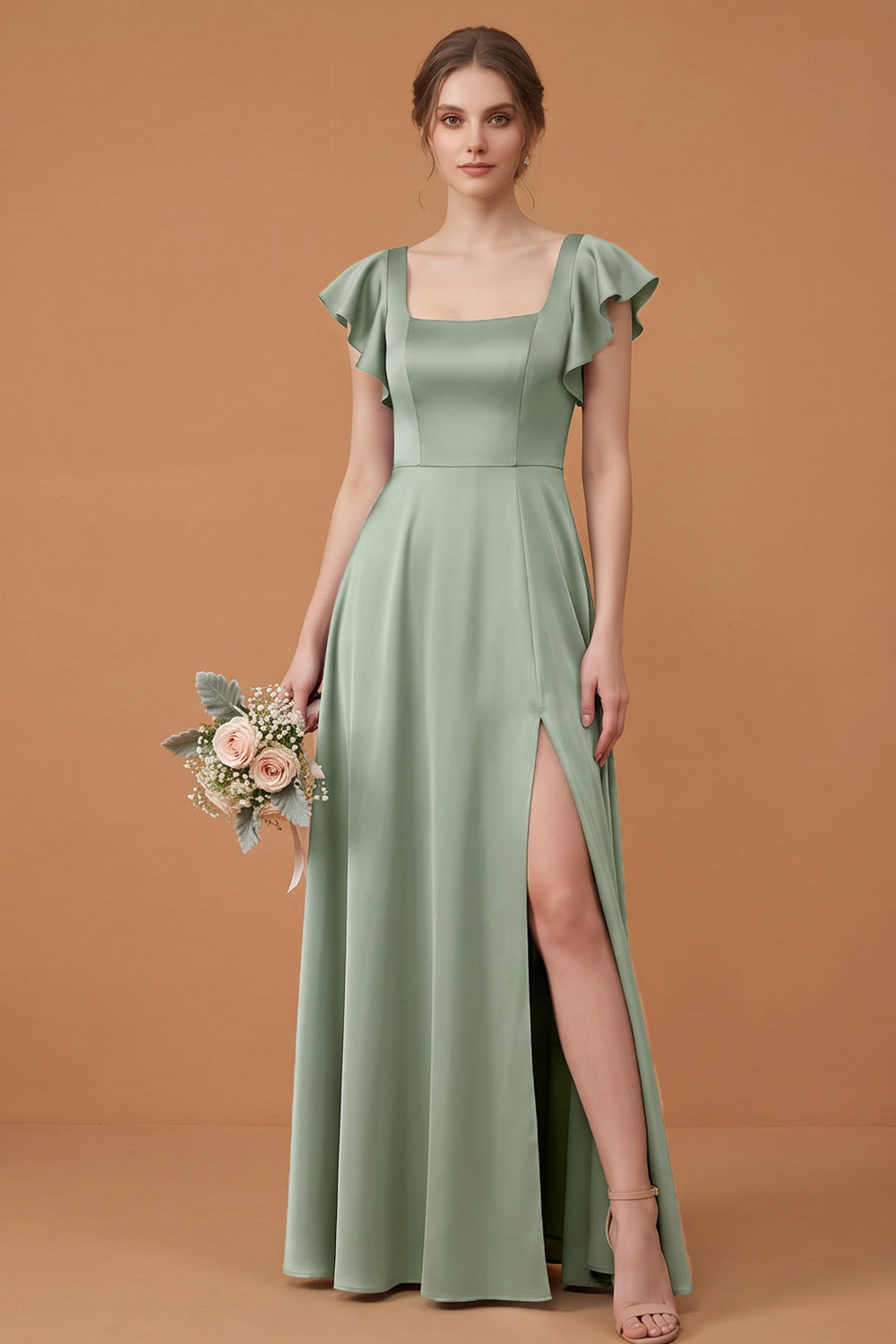 Brown Square Neck Flutter Short Sleeve Stretch Satin A‑Line Maxi Wedding Guest Dress-chiclody