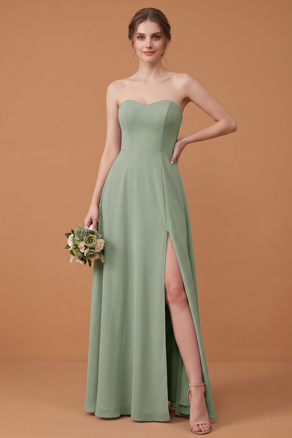 Dusty Sage Strapless Chiffon A‑Line Maxi Wedding Guest Dress-chiclody