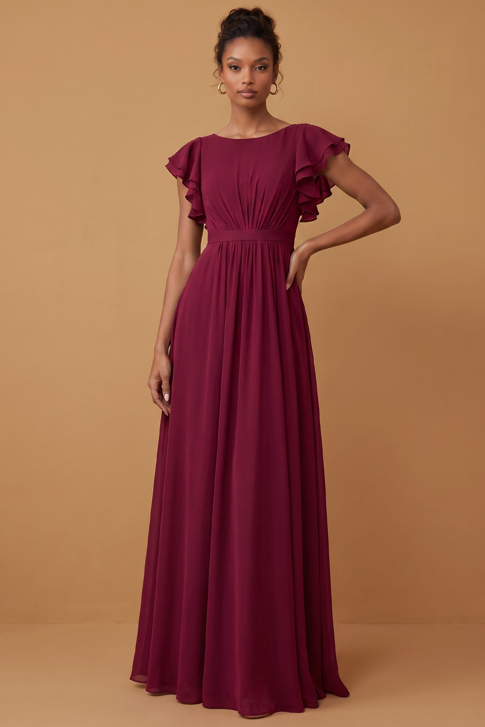 Burgundy Ruffle Cap Sleeve Boat Neck Chiffon A-line Wedding Guest Maxi Dress-chiclody