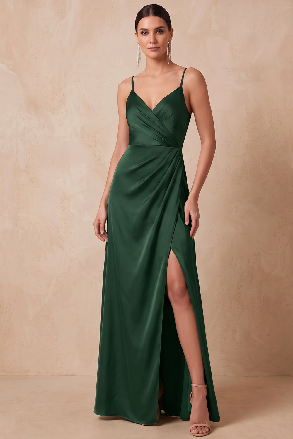 Champagne Spaghetti Strap Stretch Satin Formal Maxi Dress-chiclody