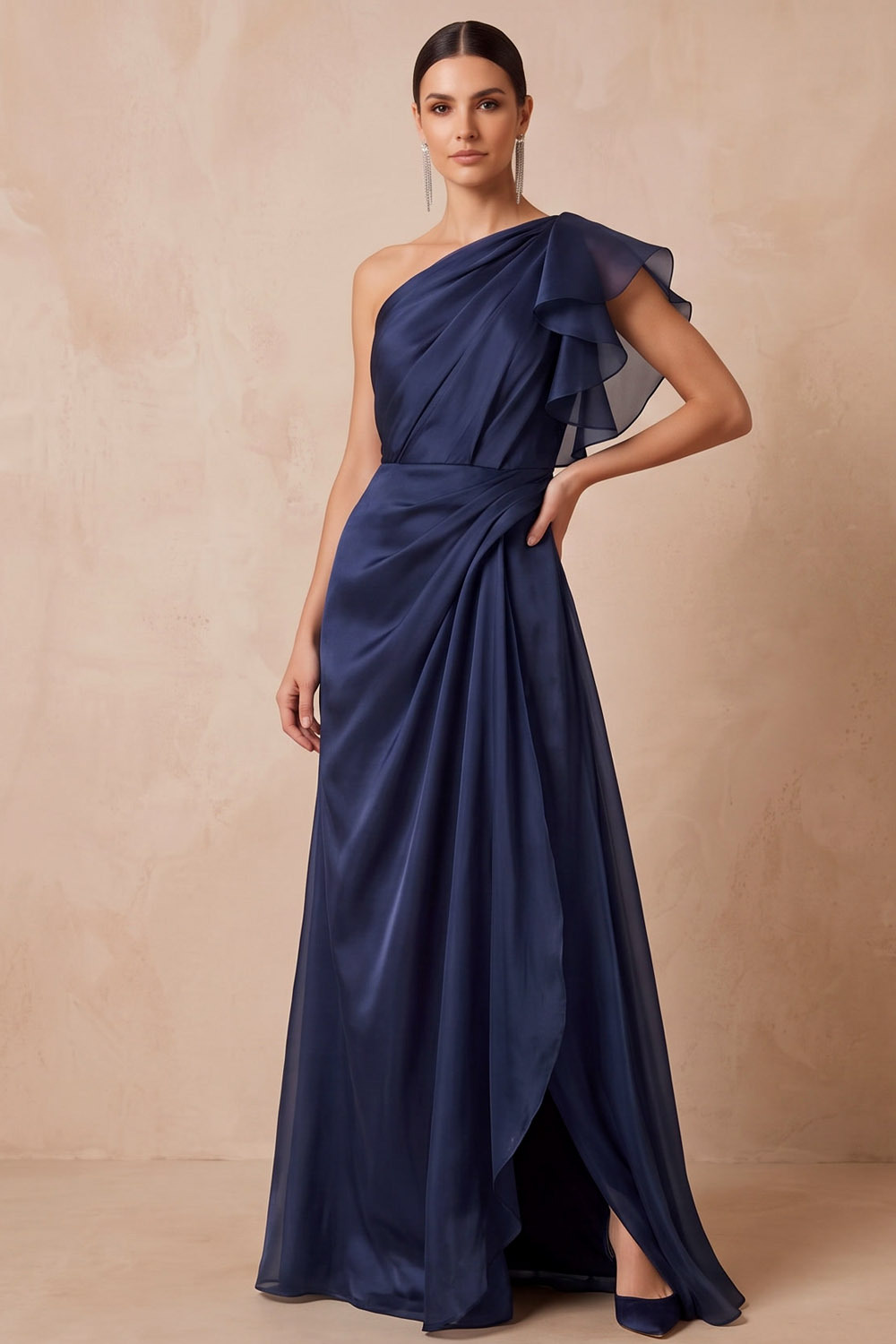 Pink One Shoulder Ruffle Organza Formal Evening Maxi Dress | Chiclody
