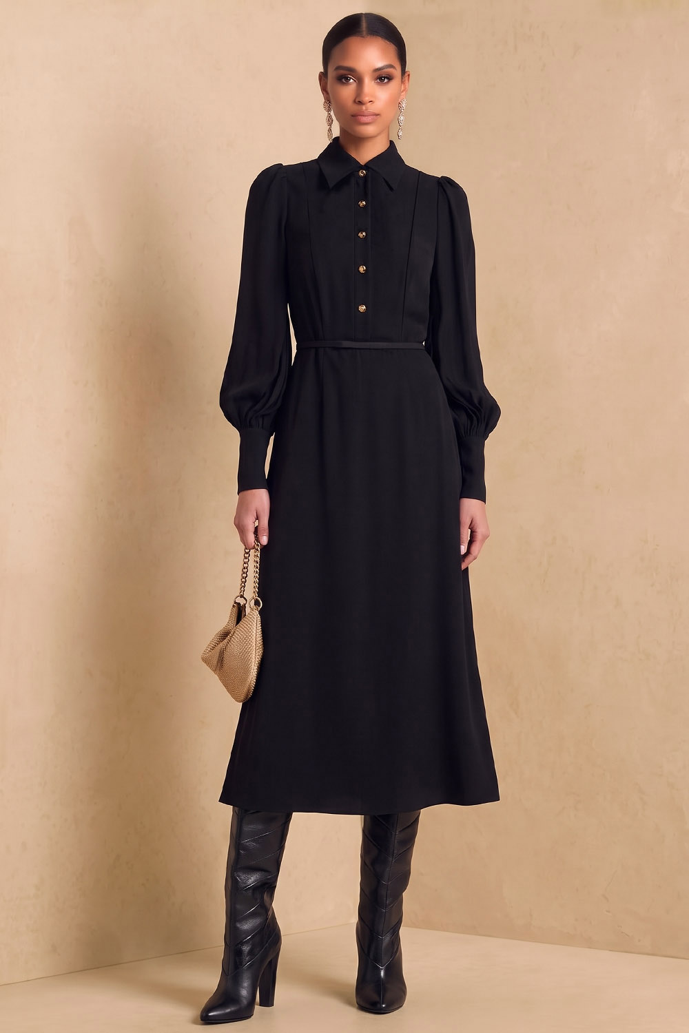 Black Workwear Collared Long Sleeve Midi Dress