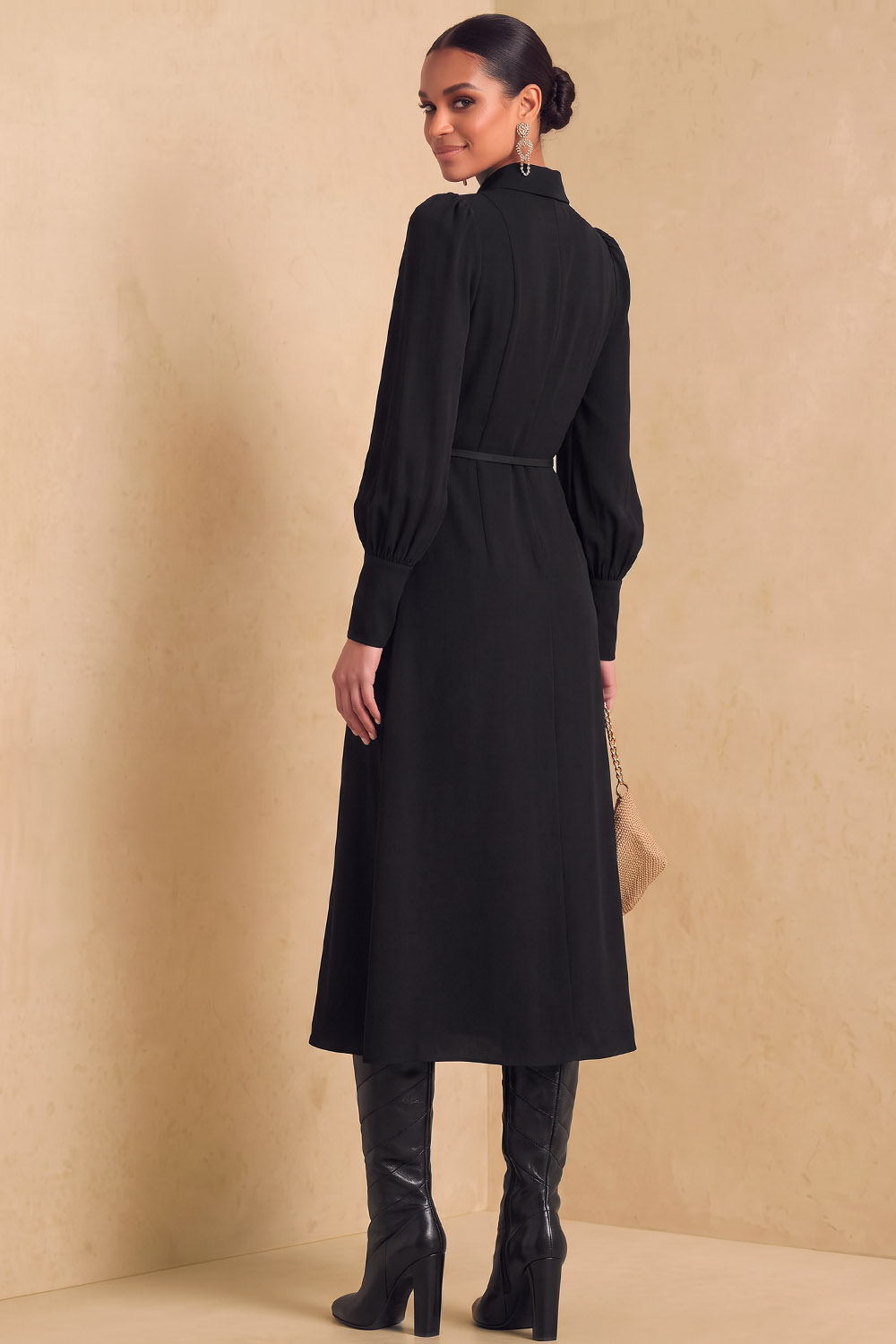 Black Workwear Collared Long Sleeve Midi Dress