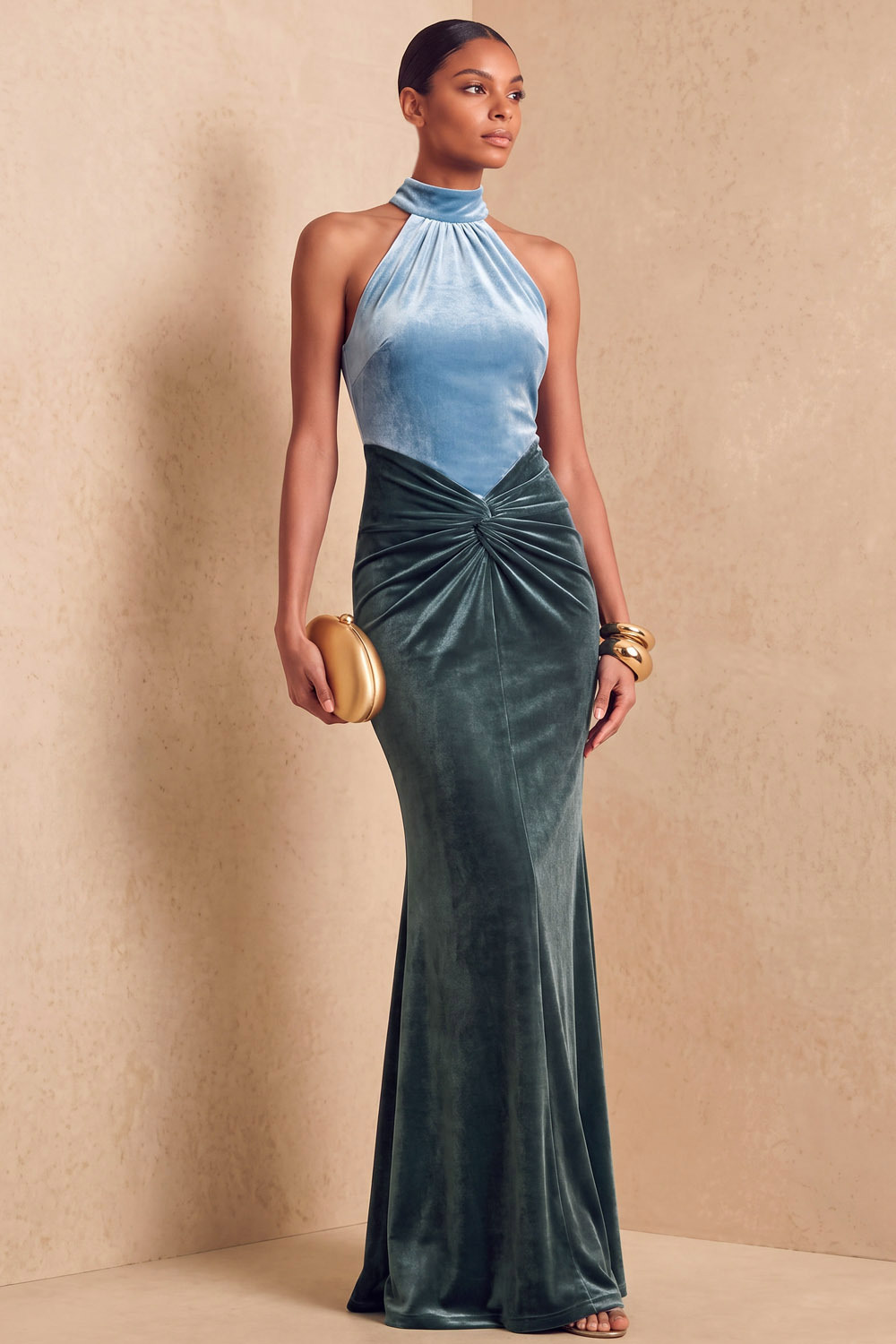 Blue Halter Open Back Velvet Mermaid Formal & Evening Dress-chiclody