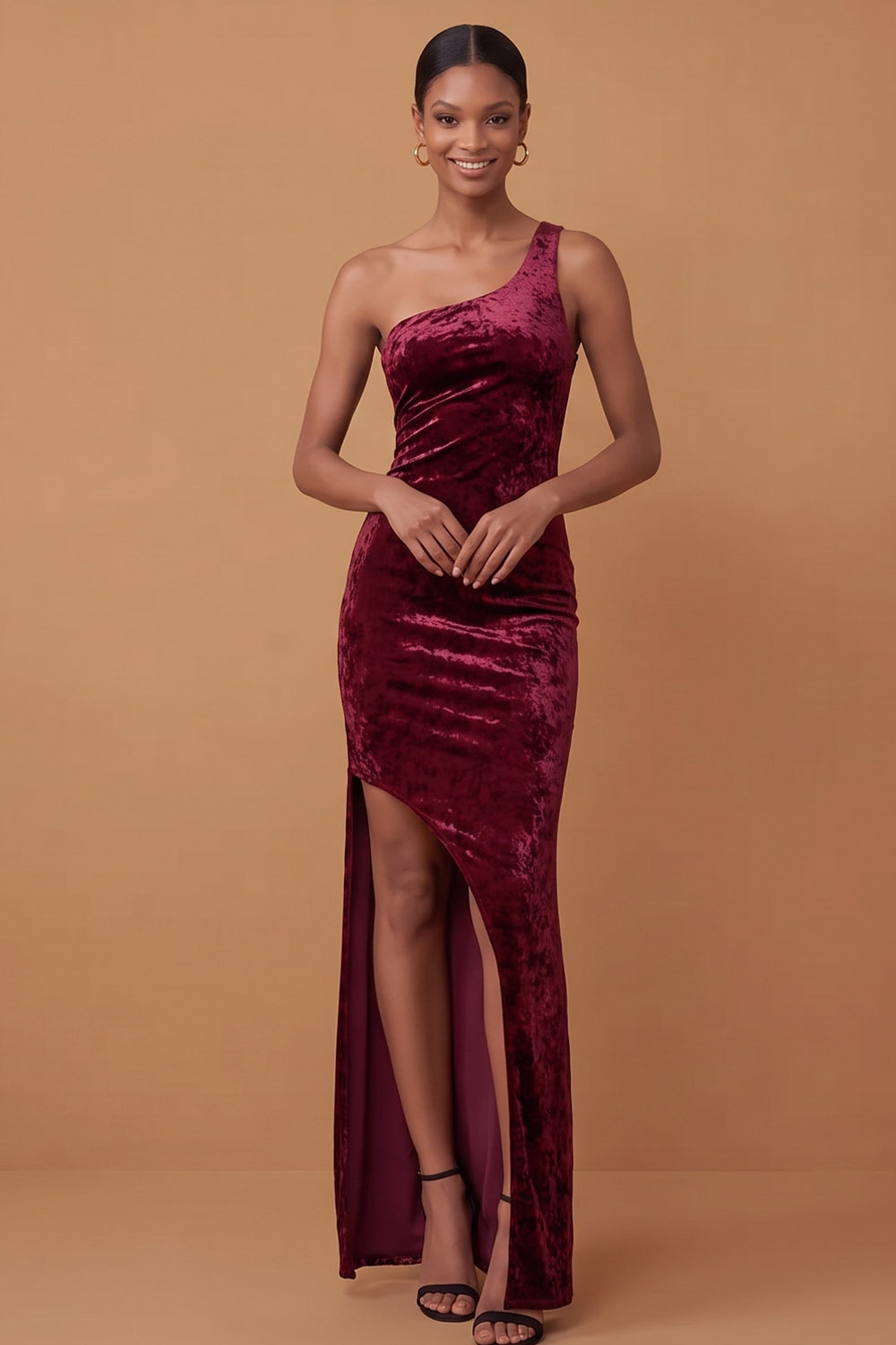 One Shoulder Velvet High Slit Mermaid Maxi Formal Evening Dress