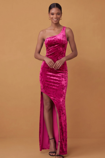 One Shoulder Velvet High Slit Mermaid Maxi Formal Evening Dress