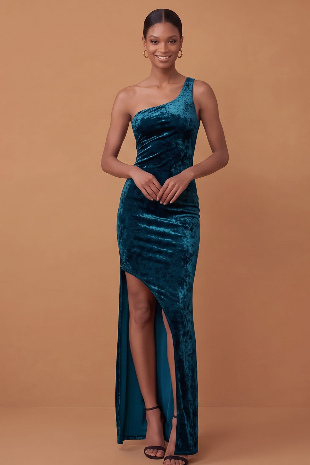 One Shoulder Velvet High Slit Mermaid Maxi Formal Evening Dress