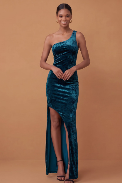 One Shoulder Velvet High Slit Mermaid Maxi Formal Evening Dress