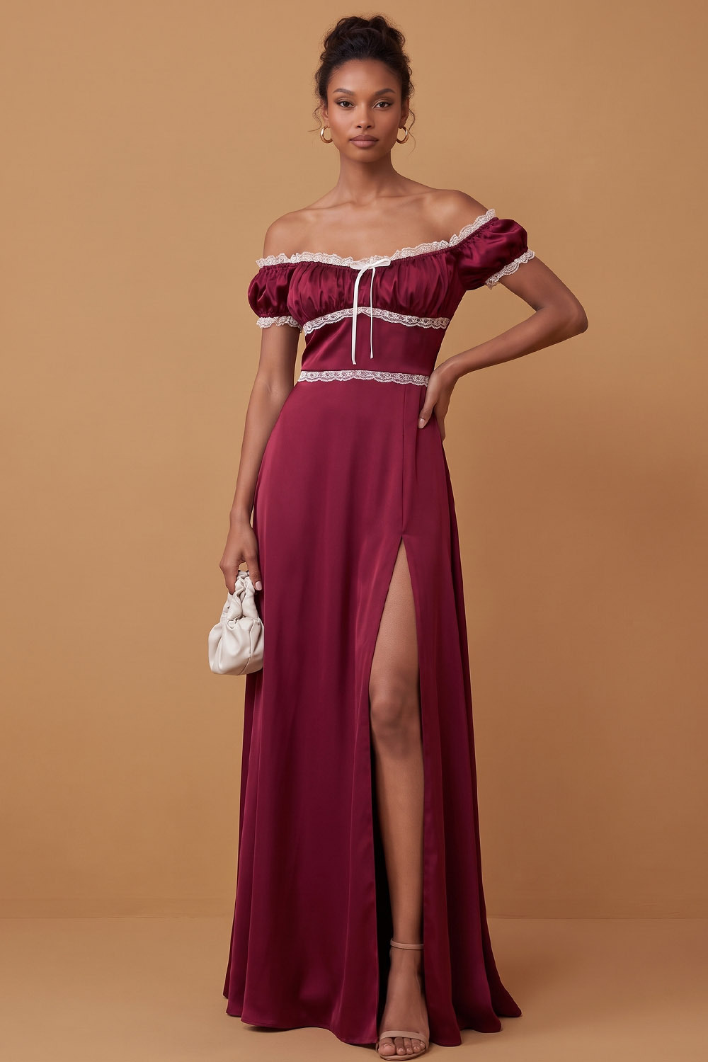 Burgundy Off The Shoulder Lace Trim Stretch Satin Maxi Formal&Evening Dress-chiclody