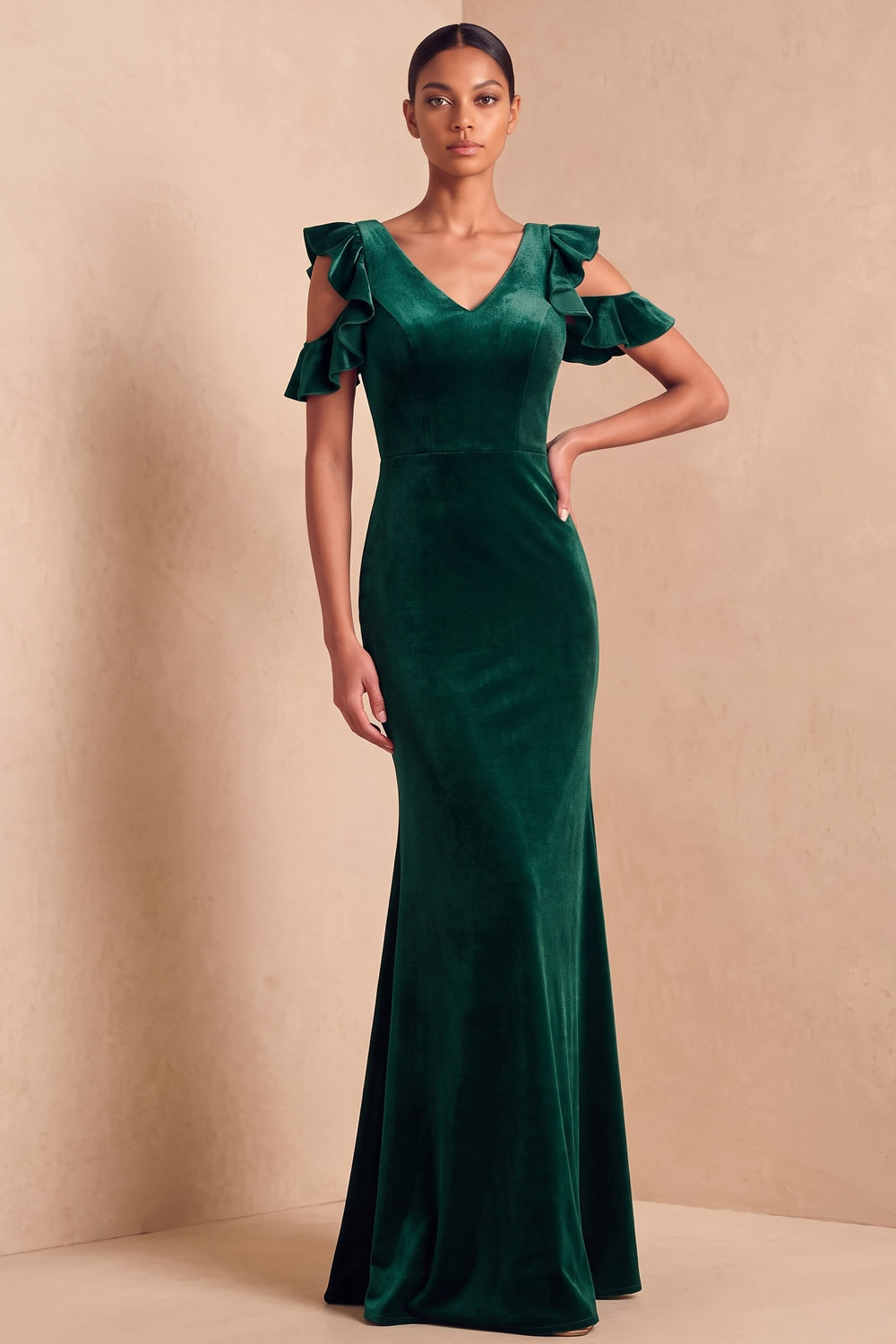 Dark Green Velvet Cold Shoulder Ruffle V-Neck Mermaid Formal & Evening Maxi Dress-chiclody