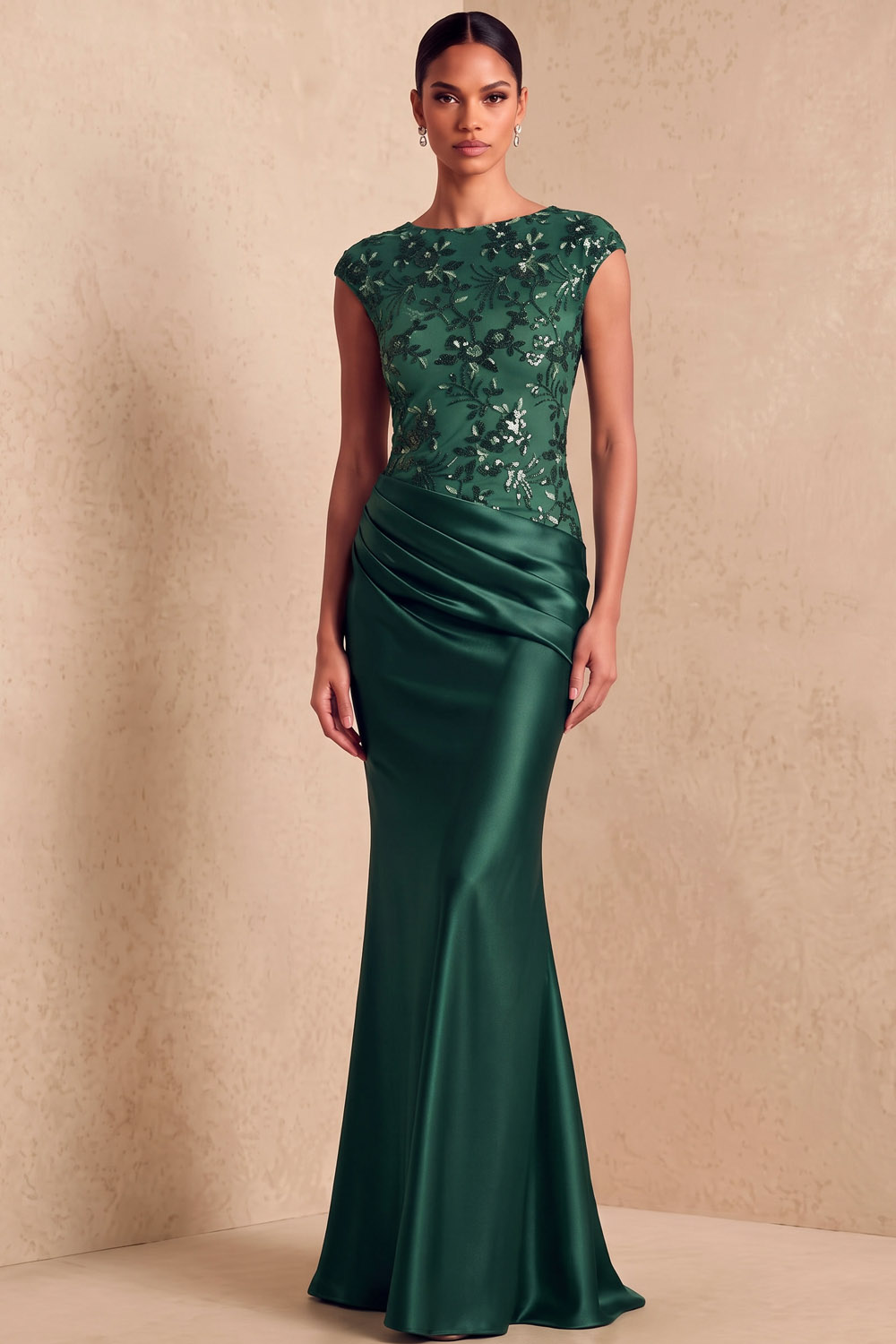 Dark Green Cap Sleeve Sequin Stretch Satin Mermaid Formal & Evening Dress
