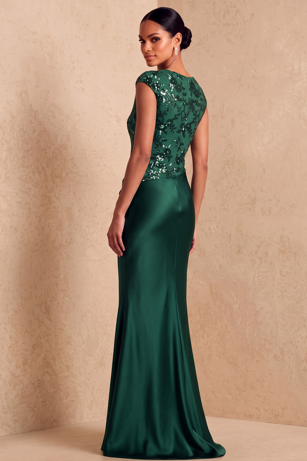 Dark Green Cap Sleeve Sequin Stretch Satin Mermaid Formal & Evening Dress