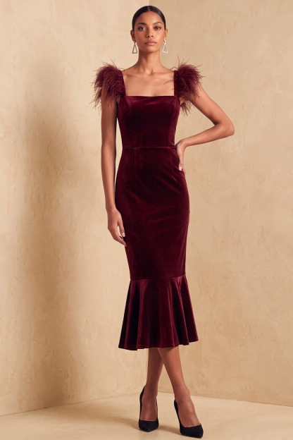 Burgundy Square Neck Feather Strap Velvet Midi Formal&Evening Dress