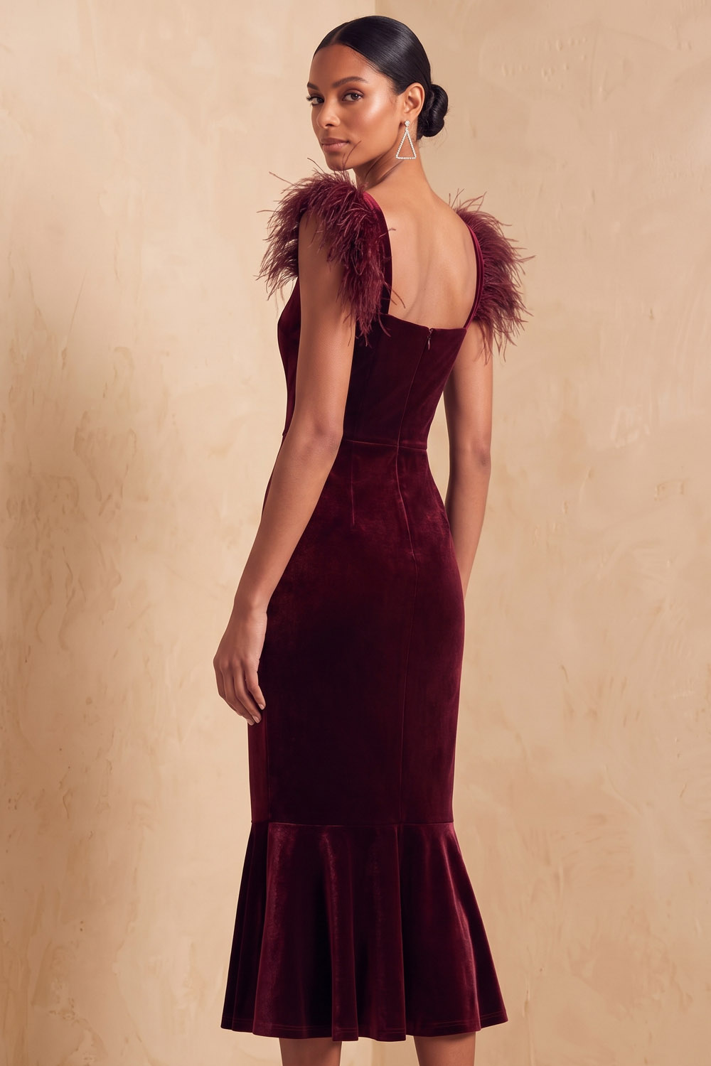 Burgundy Square Neck Feather Strap Velvet Midi Formal&Evening Dress