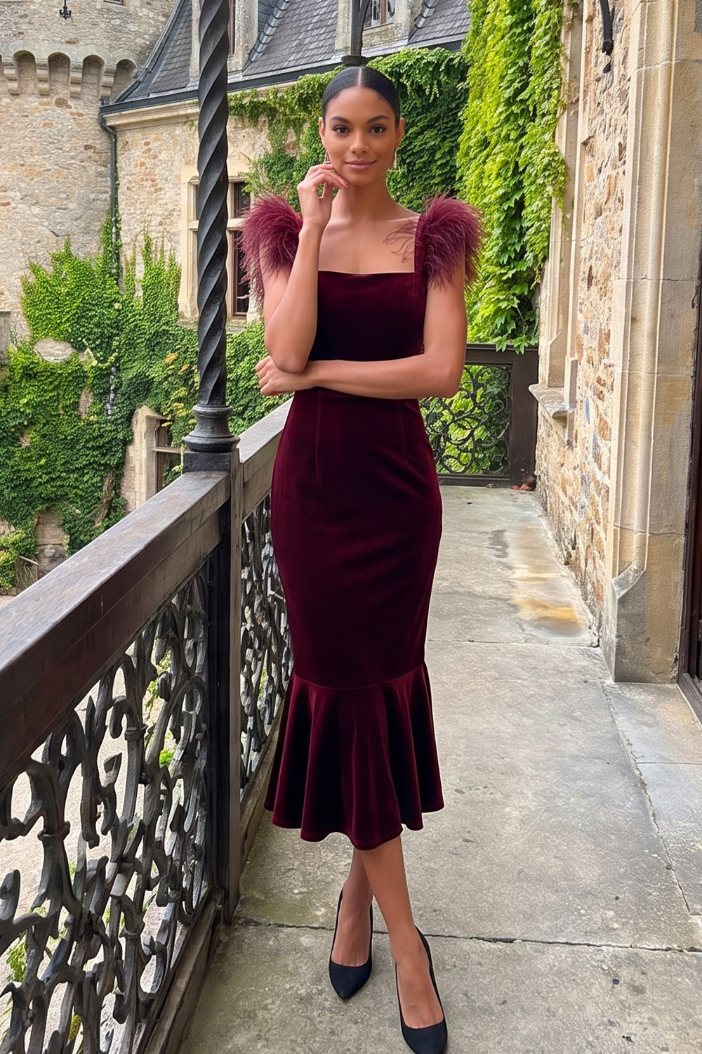 Burgundy Square Neck Feather Strap Velvet Midi Formal&Evening Dress