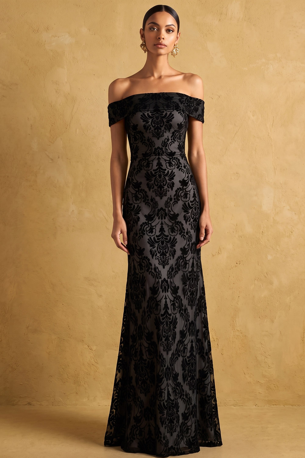 Off The Shoulder Black Velvet Flocked Tulle Mermaid Formal & Evening Dress