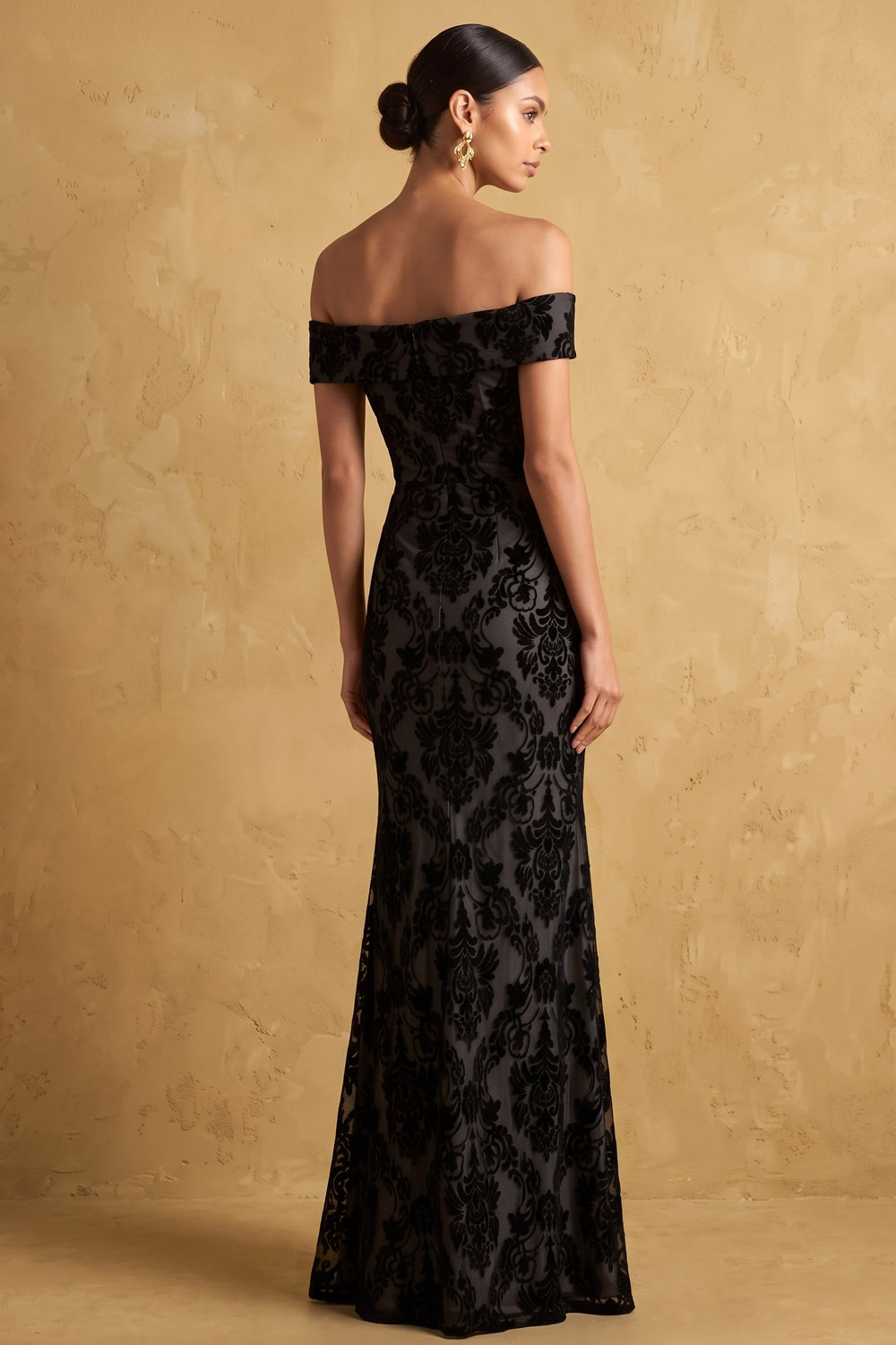 Off The Shoulder Black Velvet Flocked Tulle Mermaid Formal & Evening Dress