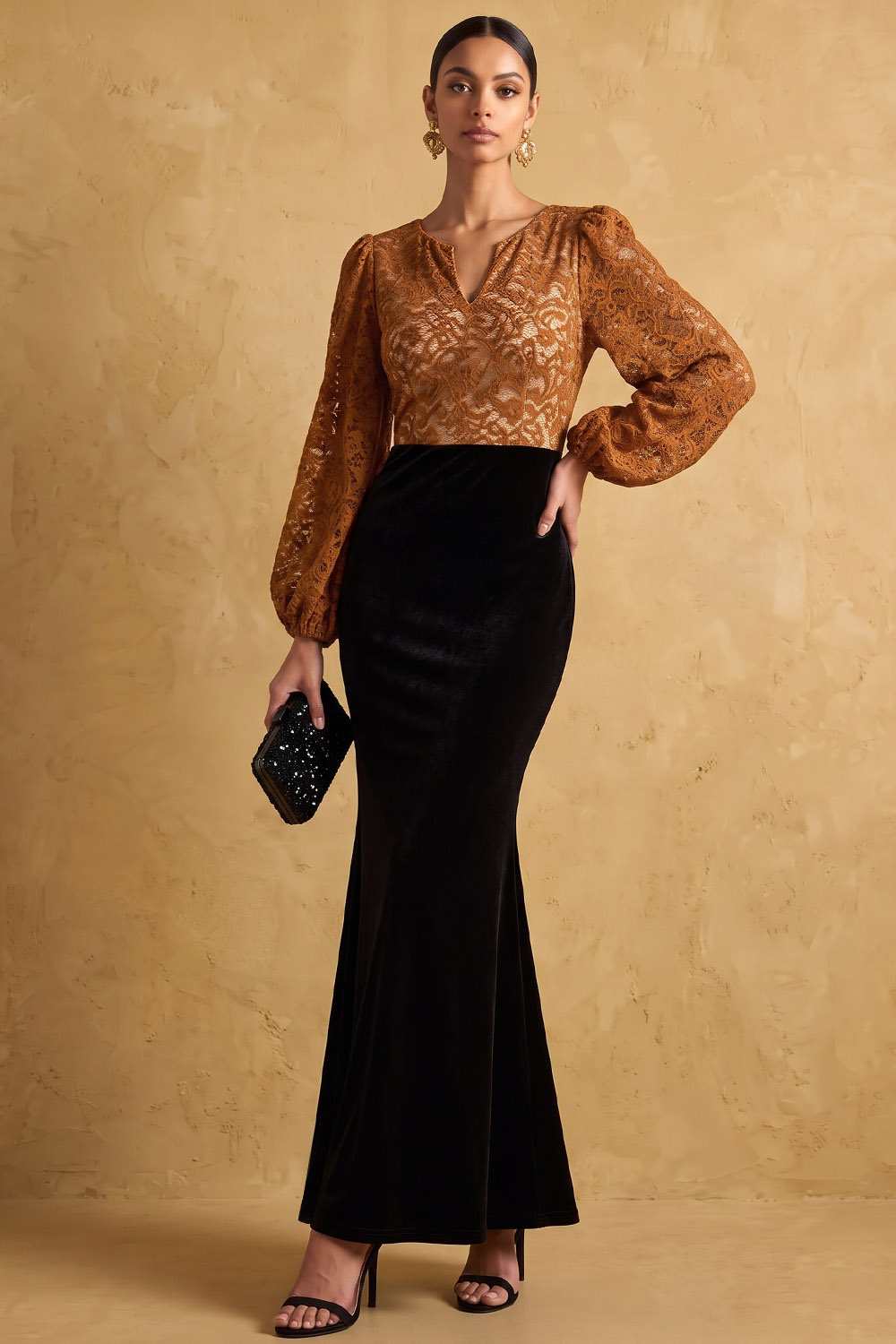 V-Neck Brown Lace Long Sleeve Velvet Mermaid Formal & Evening Dress