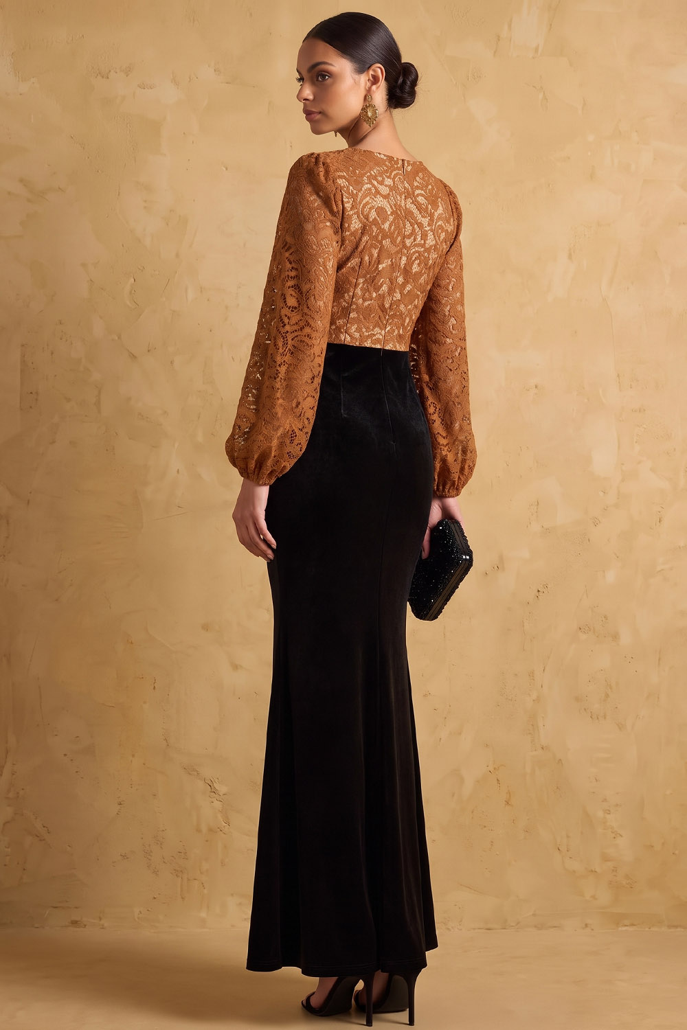 V-Neck Brown Lace Long Sleeve Velvet Mermaid Formal & Evening Dress