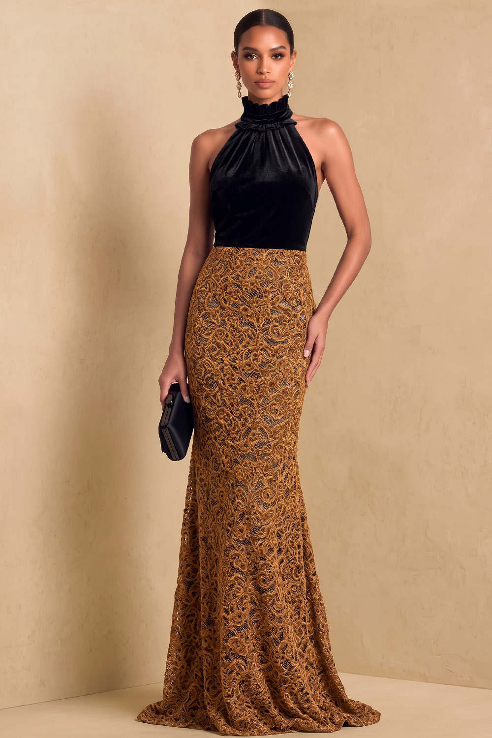 Ruffled Halter Neck Velvet Lace Mermaid Formal&Evening Dress