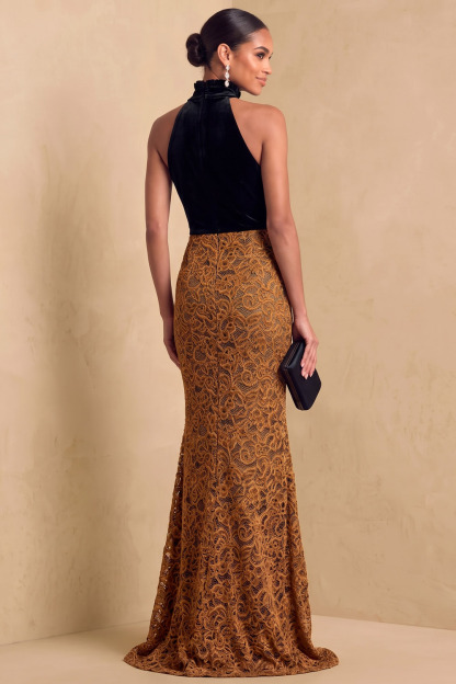 Ruffled Halter Neck Velvet Lace Mermaid Formal&Evening Dress
